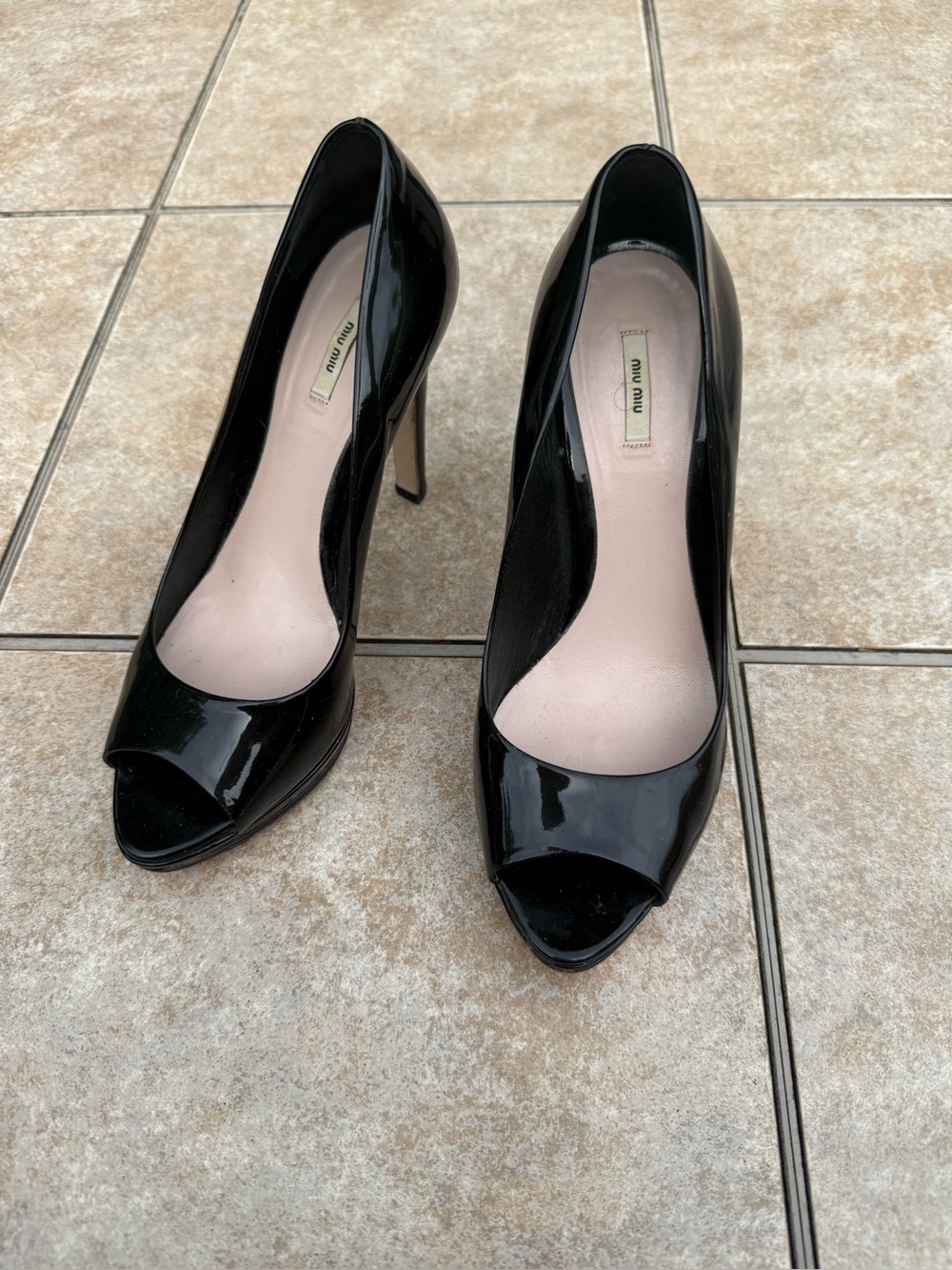 Miu Miu Black Patent Peep-Toe Stiletto Pumps - Picture 1 of 16